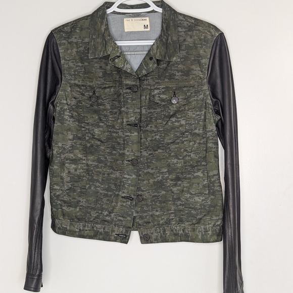 RAG & BONE Camouflage Jean Jacket with Black Leather Sleeves - Picture 2 of 16